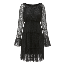 women black long sleeve casual dress with lace ties loose fitting feminine dress with layers and  bell sleeves